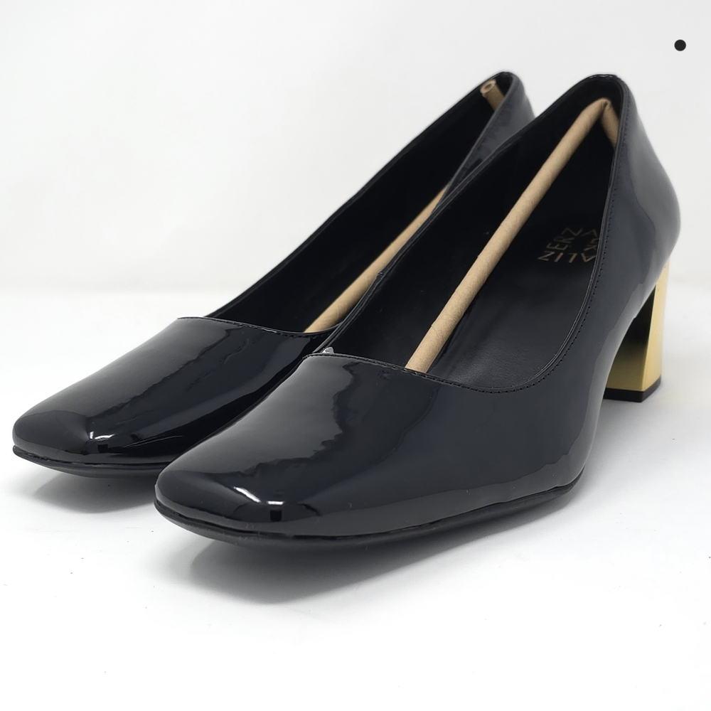 Naturalizer Black Patent Block Heel Pumps with Gold Accent 10W